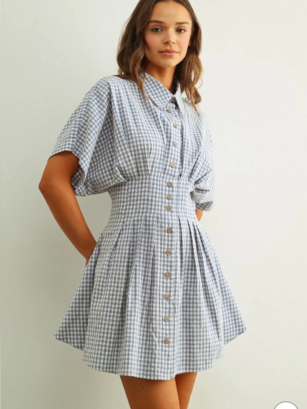 KLD Gingham Pintuck Blue Dress